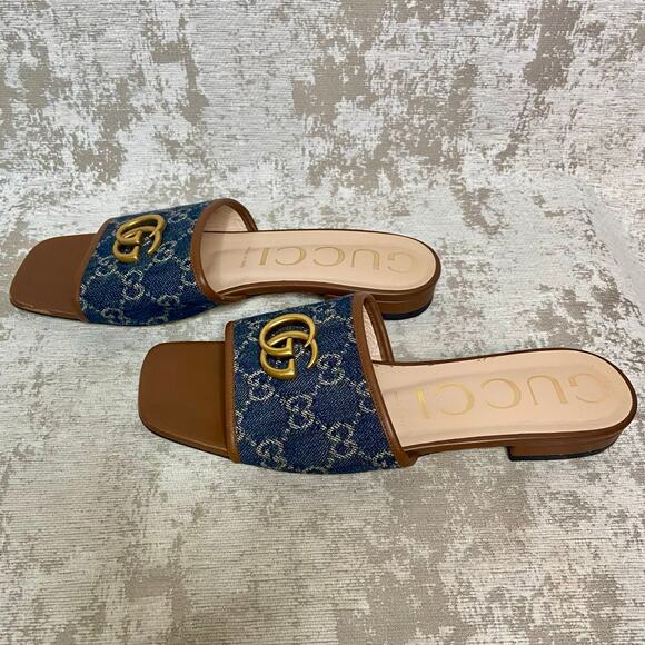 Gucci Jolie Double G Denim Logo & Cognac Leather Slides - Picture 5 of 13